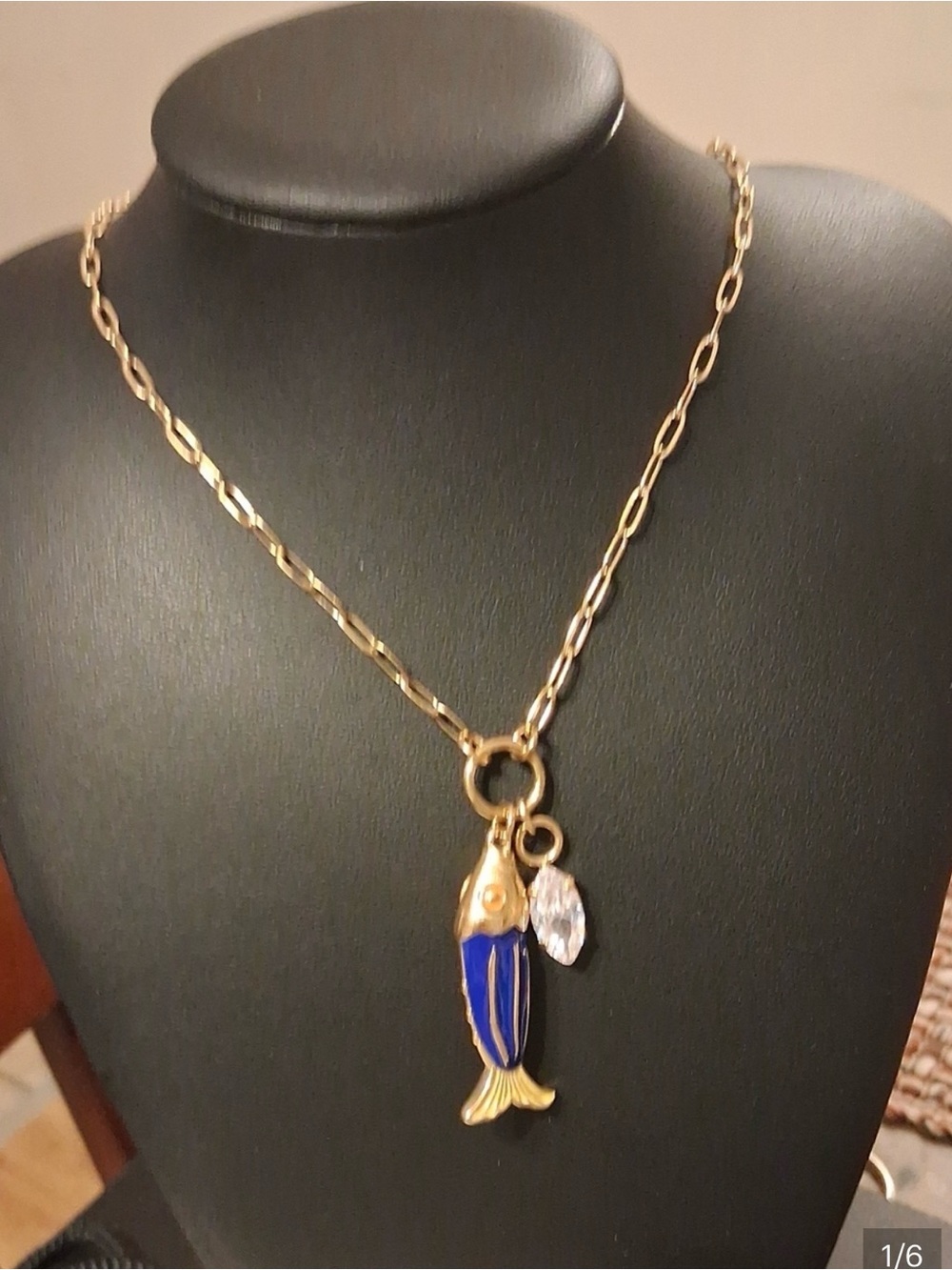 BLUE Fish Charm Paper Clip Necklace w Crystal Pendant MAYAMAR New in Bag